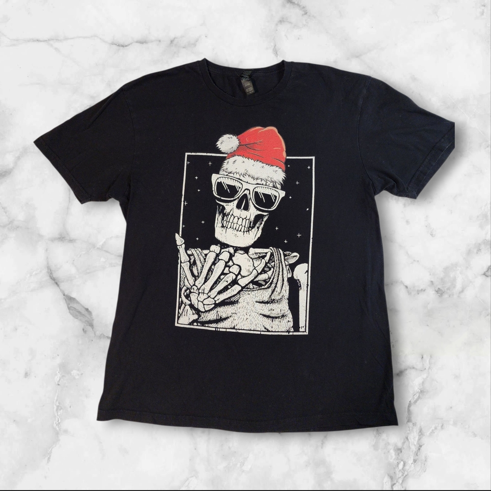 Skeleton Rock & Roll Christmas Graphic Tee | Gildan Black Shirt | Holiday Punk V